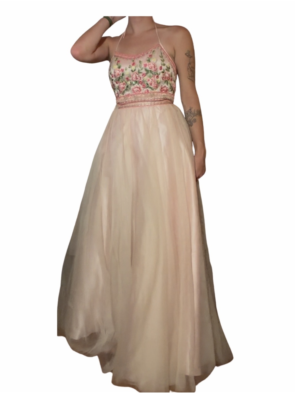 Mori Lee Blush Pink Halter Prom Gown with Floral Embroidery